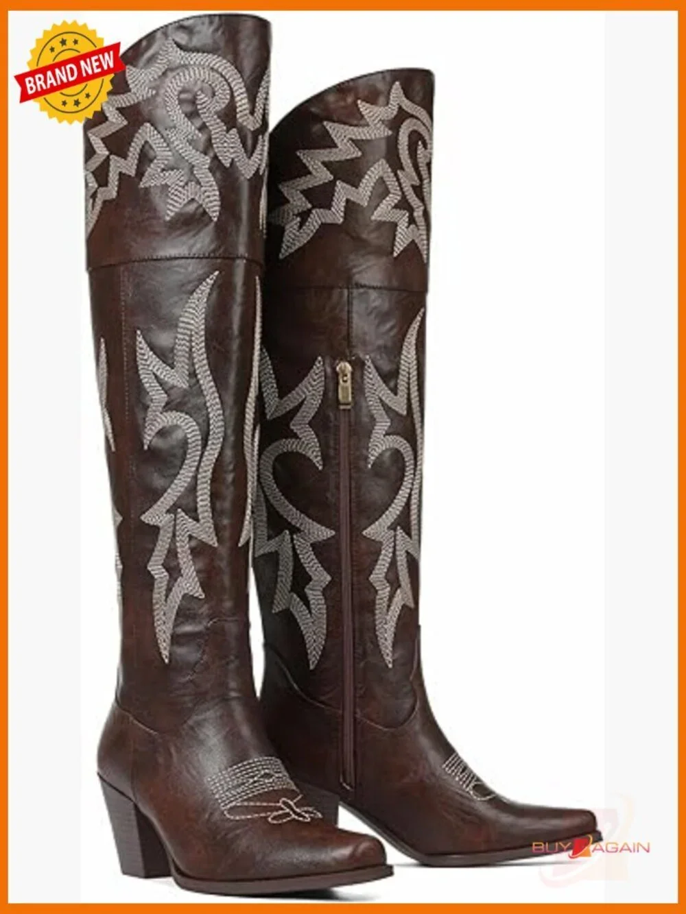 Women's Over the Knee Cowboy Boots Pointed Toe Chunky Heel Embroidered
